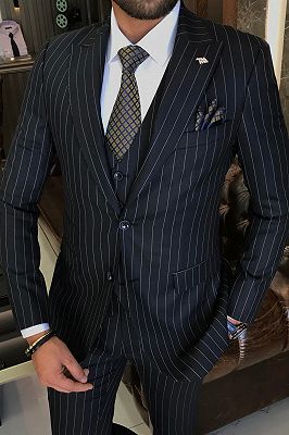 Andre Black Peaked Lapel Three Pieces Striped Business Suits