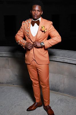 Aubrey Dark Orange Peaked Lapel Three Pieces Prom Suits With Crystal
