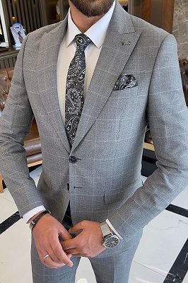Algernon Gray Peaked Lapel Plaid Business Suits With Flaps