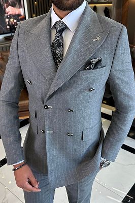 Amos Gray Striped Peaked Lapel Double Breasted Business Suits