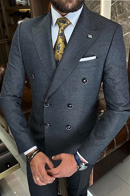 Andy Dark Gray Peaked Lapel Double Breasted Striped Business Suits