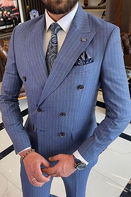 Alfred Blue Striped Peaked Lapel Double Breasted Business Suits