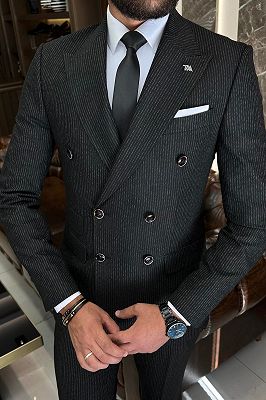 Andrew Black Striped Peaked Lapel Double Breasted Striped Business Suits