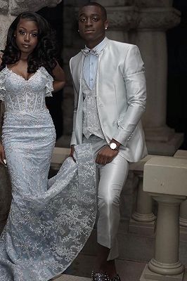 White Jacquard Tuxedo with Blue Shawl Lapel | Three Pieces Suits Sale