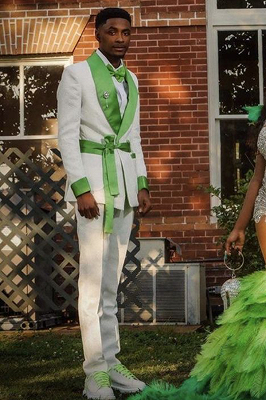 Popular White Jacquard Green Satin Men’s Prom Suit with Belt