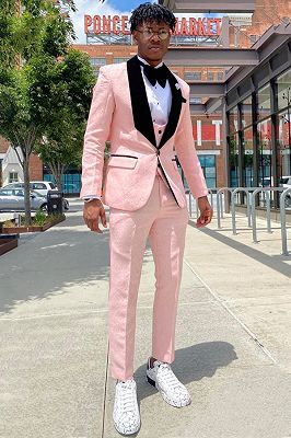 Basil Pink Three Pieces Jacquard Prom Suits With Black Velvet Shawl Lapel