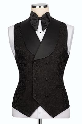 Shiny Gold Crystals Appliques Black 3 Piece Jacquard Men’s Suit_5