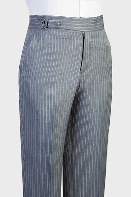 Double Breasted Dust Blue Pinstripe Patch Pockets Men’s Business Suit_3