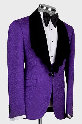 Latest 3 Piece Royal Purple Jacquard Black Lapel Men’s Suit_3