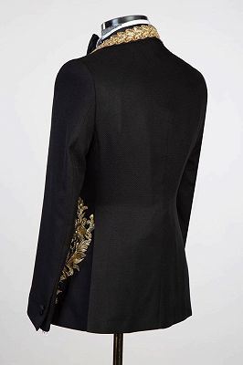 Fashion Shiny Gold Appliques 3 Piece Black Wedding Suit Prom Outfits_3