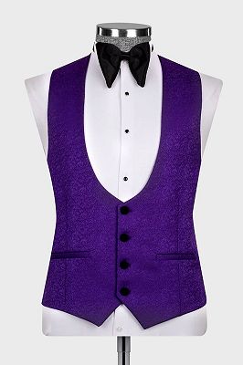 Latest 3 Piece Royal Purple Jacquard Black Lapel Men’s Suit_4