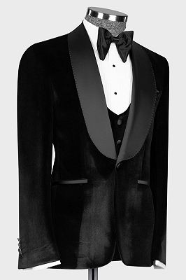 New Black Velvet 3 Piece Men’s Suit with Satin Belt Shawl Lapel_3