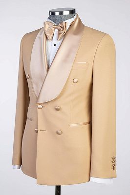 Satin Shawl Lapel Double Breasted Khaki Wedding Suit Prom Outfit