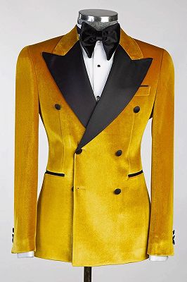 Gold Velvet Double Breasted Black Satin Peak Lapel Men’s Suit