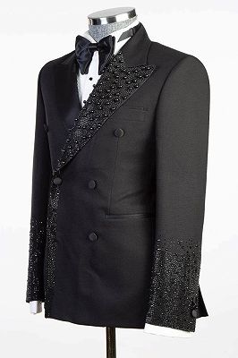 Sparkling Black Double Breasted Wedding Suit with Beadings Prom Outfit