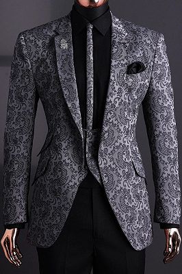 Dark Gray Jacquard 3 Piece Men’s Formal Suit with Black Pants_3