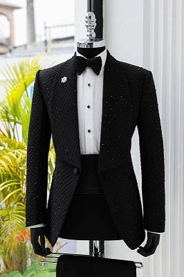 Black Shawl Lapel Waffle Plaid Prom Suits With Rhinestones