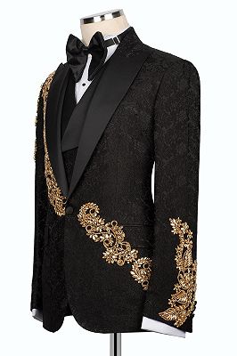 Shiny Gold Crystals Appliques Black 3 Piece Jacquard Men’s Suit_4