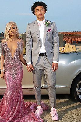 Barret Gray Notched Lapel Two Buttons Prom Suits With Flaps