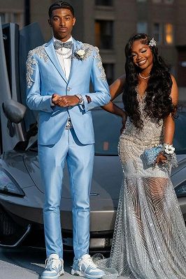 Sky Blue Silver Beaded Appliques Men’s Prom Suits for Graduation