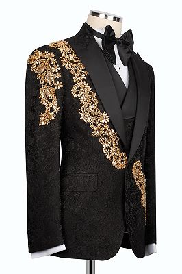 Shiny Gold Crystals Appliques Black 3 Piece Jacquard Men’s Suit_3