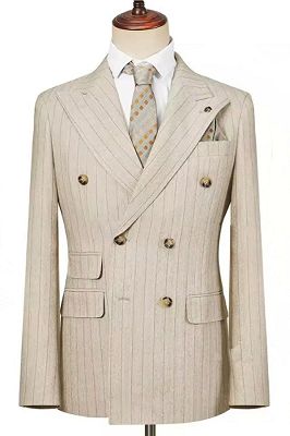 Champagne Pinstripe Double Breasted Business Suit with 3 Flapped Pockets
