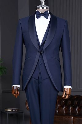 Berger Navy Three Pieces Wedding Suits With Satin Shawl Lapel