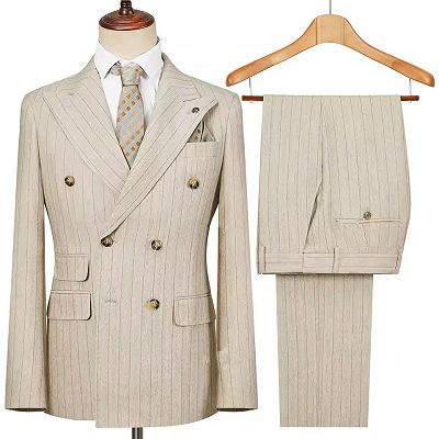 Champagne Pinstripe Double Breasted Business Suit with 3 Flapped Pockets