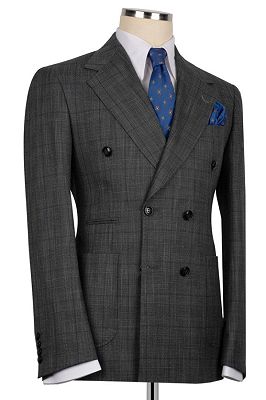 Bowen Formal Dark Gray Plaid Notched Lapel Double Breasted Business Suits