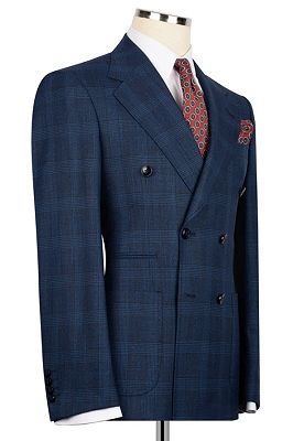 Boris Bespoke Navy Plaid Notched Lapel Double Breasted Business Suits
