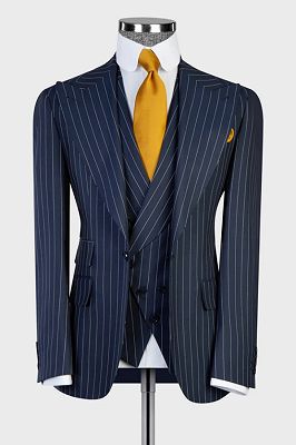 Bradley Bespoke Navy Striped Peaked Lapel Three Pieces Business Suits