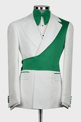 Brayden White Jacquard Notched Lapel Slim Fit Prom Suits With Green Crossover Satin Panel