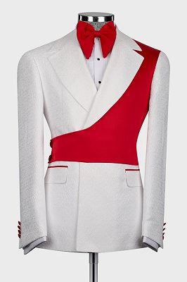 Brandon Chic White Jacquard Notched Lapel Prom Suits With Red Crossover Satin Panel