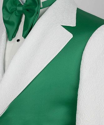 Brayden White Jacquard Notched Lapel Slim Fit Prom Suits With Green Crossover Satin Panel