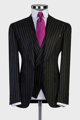 Boyd Formal Black Striped Peaked Lapel Three Pieces Business Suits