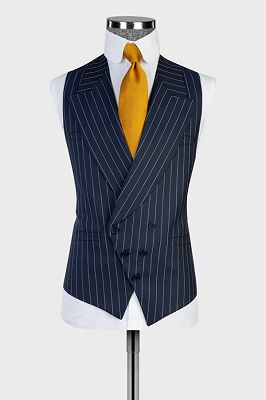 Bradley Bespoke Navy Striped Peaked Lapel Three Pieces Business Suits