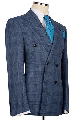 Borg Formal Slate Blue Plaid Notched Lapel Double Breasted Business Suits