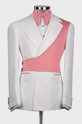 Brian Handsome White Jacquard Prom Suits With Pink Crossover Satin Panel