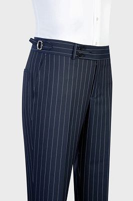 Bradley Bespoke Navy Striped Peaked Lapel Three Pieces Business Suits_3