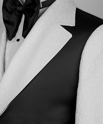 Brooklyn Handsome White Notched Lapel Jacquard Prom Suits With Black Crossover Satin Panel_3