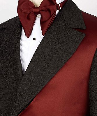 Bruno Chic Black Jacquard Notched Lapel Prom Suits With Red Crossover Satin Panel