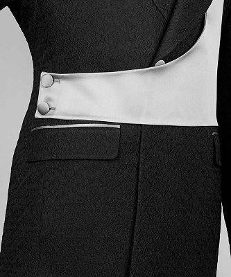 Bruce New Arrival Black Notched Lapel Jacquard Prom Suits With White Crossover Satin Panel