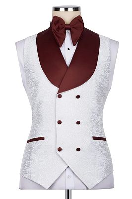 Buck Handsome White Jacquard Three Pieces Prom Suits With Burgundy Satin Lapel