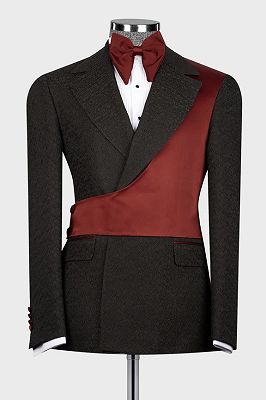 Bruno Chic Black Jacquard Notched Lapel Prom Suits With Red Crossover Satin Panel