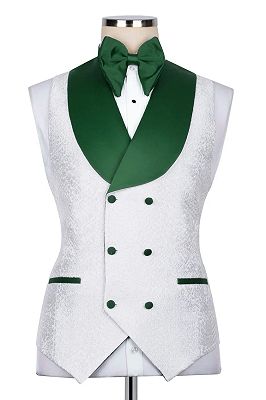Burgess White Jacquard Three Pieces New Arrival Prom Suits With Green Satin Lapel