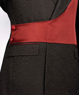 Bruno Chic Black Jacquard Notched Lapel Prom Suits With Red Crossover Satin Panel_3