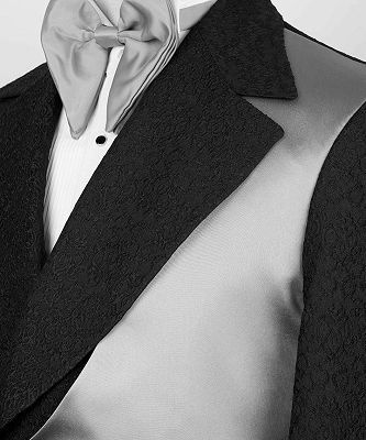 Bruce New Arrival Black Notched Lapel Jacquard Prom Suits With White Crossover Satin Panel_3