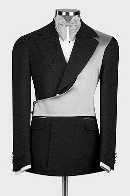 Bruce New Arrival Black Notched Lapel Jacquard Prom Suits With White Crossover Satin Panel