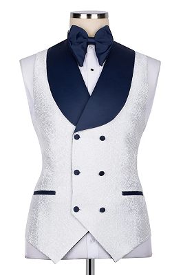 Bryant Stylish White Jacquard Three Pieces Prom Suits With Navy Peaked Lapel
