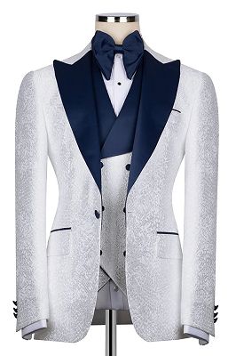 Bryant Stylish White Jacquard Three Pieces Prom Suits With Navy Peaked Lapel
